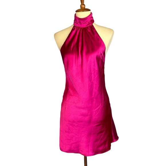 Lovers + Friends Barbie Pink Satin Halter Mini Slip Dress XS Backless Hayes NEW - Picture 4 of 9